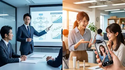 マーケティング施策の全体像。SNS、webinar、offline、BtoB/BtoCなどの要素図